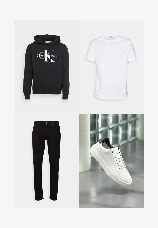 Čierna mikina s kapucňou so sťahovacou šnúrkou, prednou vreckom a bielou potlačou loga "Calvin Klein Jeans" s veľkým "CK" uprostred. Materiál: bavlna.; Biely bavlnený tričko s krátkymi rukávmi, klasickým vykrojením a malou značkovou etikettou na hrudi. Hladká textúra a minimalistický dizajn.; Čierne slim fit rifle s gombíkom a zipsom, prednými a zadnými vreckami, zobrazené na bielom pozadí.; Biela nízka teniska s čiernou textúrovanou pätkou, bielymi šnúrkami a hrubou podrážkou na leštenej betónovej podlahe pri sklenených blokoch.