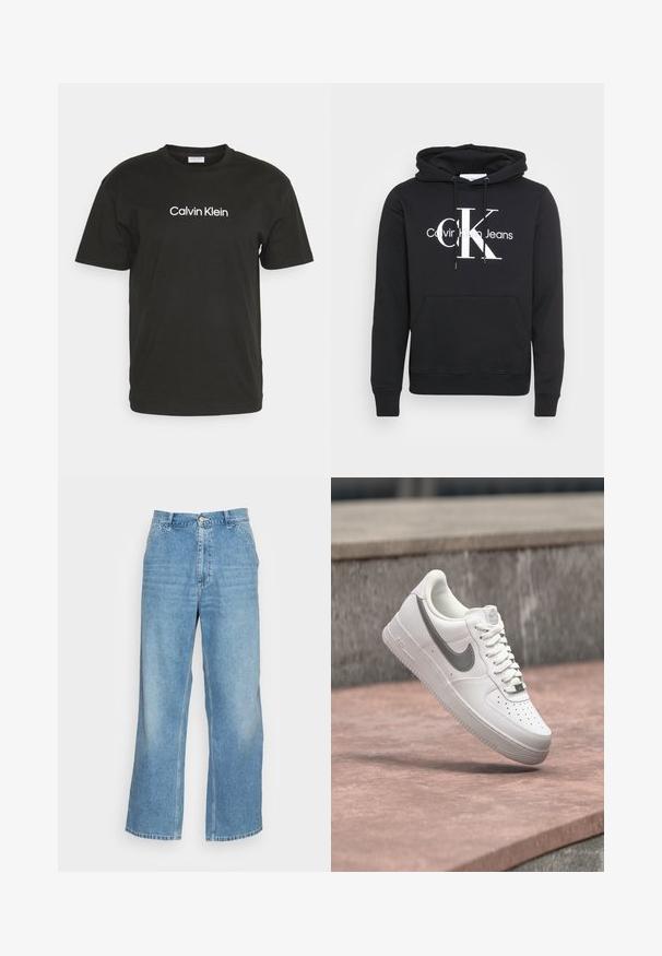 Mustas kapuutsiga dressipluus, tõmbluku kohaga, ees tasku ning valge prinditud logo "Calvin Klein Jeans" suure "CK"-ga keskpunktis. Puuvillane materjal.; Must heermees mustsärk, millel on ümar kaelus ja lühikesed varrukad, esipoolt kaunistab valge "Calvin Klein" logo.; Heled sinine laiemate jalgadega teksad, mis on valmistatud denimist. Omab kõrget vööd, nööpide sulgemist ja tavalist viie tasku disaini. Sile tekstuur.; Valge Nike Air Force 1 toss hallika Nike logoga, hõljumas kivil pinnal ja halli kivitahvli taustal.