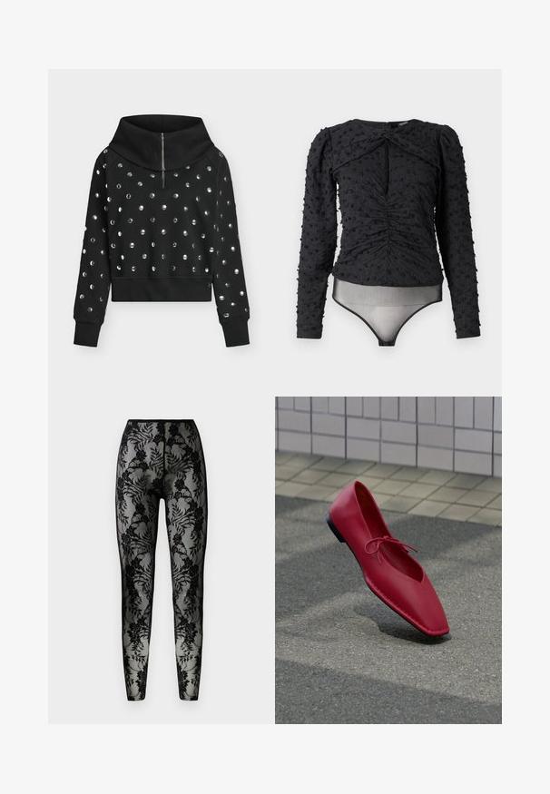 Sort cropped sweatshirt med lange ærmer, høj krave med lynlås og skinnende cirkulære nitter, der jævnt dækker fronten og ærmerne.; Hofmann Copenhagen EXCLUSIVE ALEXANDRA - Bluse - black; Sorte blonde leggings med blomstermønster, gennemsigtigt stof og en tæt pasform, med en glat talje og lukkede sømme.; Rød læderflad sko med spids tå og sløjfedetalje, svævende over en tekstureret fortovsflade nær en flisebelagt væg.