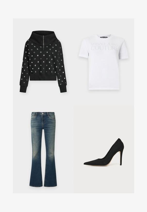 Sweat-shirt court noir à manches longues avec col montant zippé et petits clous ronds brillants couvrant uniformément le devant et les manches.; T-shirt blanc à manches courtes avec le texte "Versace Jeans Couture" en gris clair sur la poitrine, col rond, coupe régulière.; Jean en denim bleu avec un effet délavé, taille mi-haute, design à cinq poches et jambes légèrement évasées.; Escarpin stiletto noir à talon haut avec bout pointu et texture lisse, présenté de profil sur un fond clair uni.