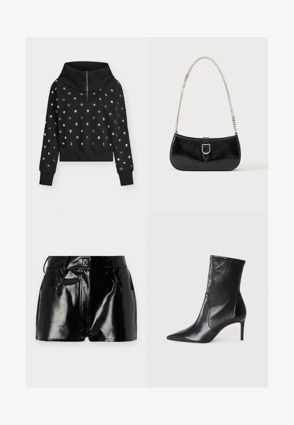 Sweat-shirt court noir à manches longues avec col montant zippé et petits clous ronds brillants couvrant uniformément le devant et les manches.; Shorts noirs et brillants en matériau synthétique. Présentent une taille ajustée, des passants de ceinture et des poches avant avec des détails de couture prononcés.; Bottes noires à la cheville en cuir lisse, dotées d'un bout pointu, d'un tige ajustée et d'un talon haut fin. Design minimaliste sans quincaillerie visible.; Sac à épaule en cuir verni noir avec détail de boucle argentée et bandoulière en chaîne argentée, présenté sur un fond uni clair.