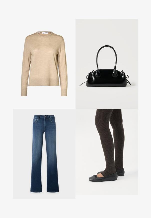 Pull en laine beige à manches longues avec col rond et poignets et ourlet côtelés, présenté sur fond blanc.; Jean bleu taille haute à jambes droites avec fermeture à bouton et à glissière, poches avant et arrière, présenté sur un fond uni clair.; Jambes portant des leggings côtelés foncés associés à des ballerines noires avec de petits détails en nœud sur fond blanc.; Petit sac à main noir brillant avec deux longues anses et des détails à cordon sur les côtés sur un fond clair uni.