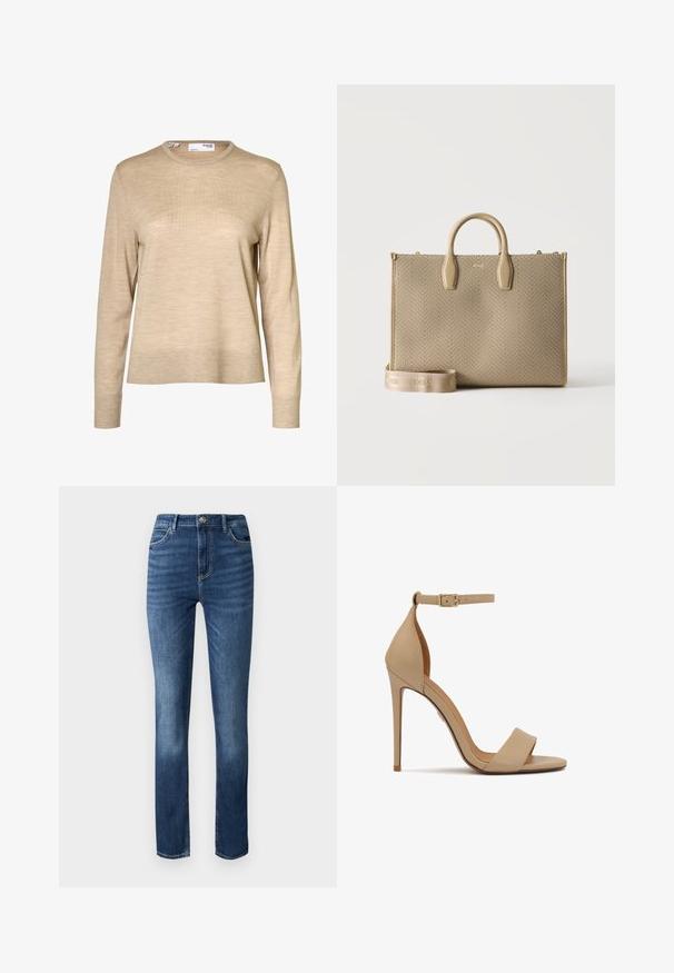 Beige wollen trui met lange mouwen, een ronde hals en geribde boorden en zoom, afgebeeld tegen een witte achtergrond.; Donkerblauwe denim jeans met een rechte pasvorm, vijfzakkenstijl en subtiele slijtage aan de voorkant voor een extra textuur.; Beige hoge hak sandaal met een glanzende afwerking, open teen en enkele enkelband met een gouden gesp. Strak ontwerp en minimalistische stijl.; Beige getextureerde tote bag met twee handvatten en een bijpassende afneembare schouderriem met de merknaam BOSS gegraveerd.