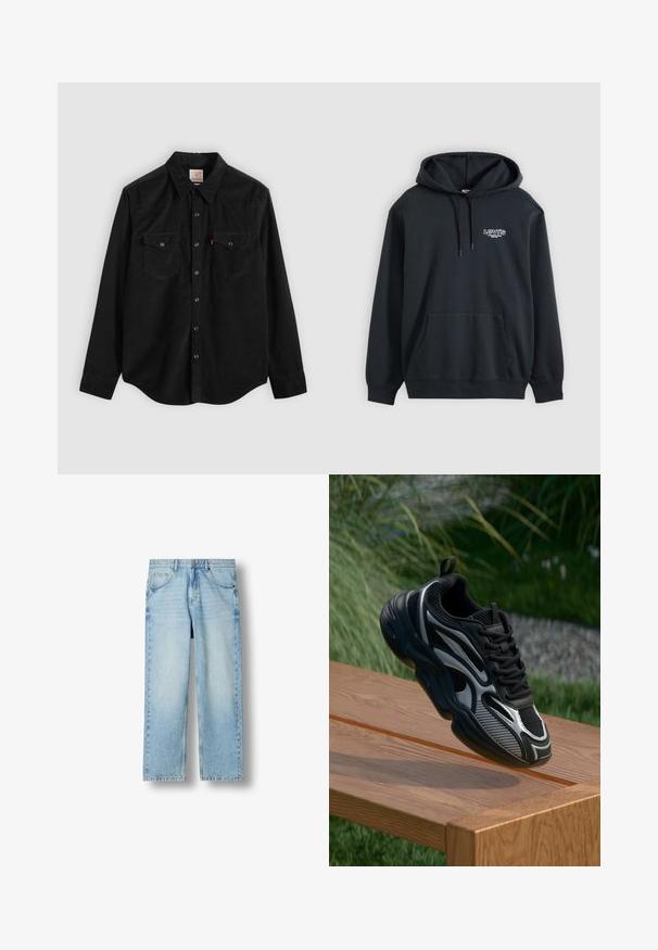 Schwarzer Levi's Kapuzenpullover mit Tasche vorne und kleinem weißen Logo auf der oberen linken Brust.; Schwarzes Cord-Hemd mit langen Ärmeln, Knopfleiste, zwei Brusttaschen und spitzem Kragen. Texturiertes Gewebe mit glattem Finish.; Hellblaue Jeans mit geradem Bein, fünf Taschen, Knopfverschluss und sichtbaren Nähten auf weißem Hintergrund.; Schwarzer und grauer Sport sneaker mit Mesh- und reflektierenden Akzenten, der auf der Kante einer Holzbank im Freien balanciert.