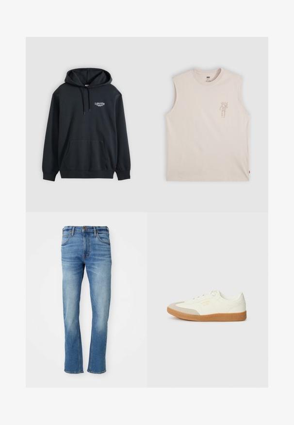 Musta Levi's-huppari, jossa etutasku ja pieni valkoinen logo ylävasemmalla rinnassa.; Beigen värinen hihaton pyöreäkauluksinen t-paita, jossa vasemmassa rinnassa pieni, hienovarainen ihmishahmografiikka ja Levi'sin lappu sivusaumassa.; Vaaleansiniset farkut suoran leikkauksen omaavina, joissa on klassinen viiden taskun muotoilu, hienovarainen kuluminen ja erottuvat ompelusaumat.; Tennarit, jotka on valmistettu valkoisesta nahasta, jossa on beigen värinen kärki ja vaaleanruskea kumipohja. Ominaisuuksiin kuuluu litteät valkoiset nauhat ja kohokuvioitu logo sivussa.