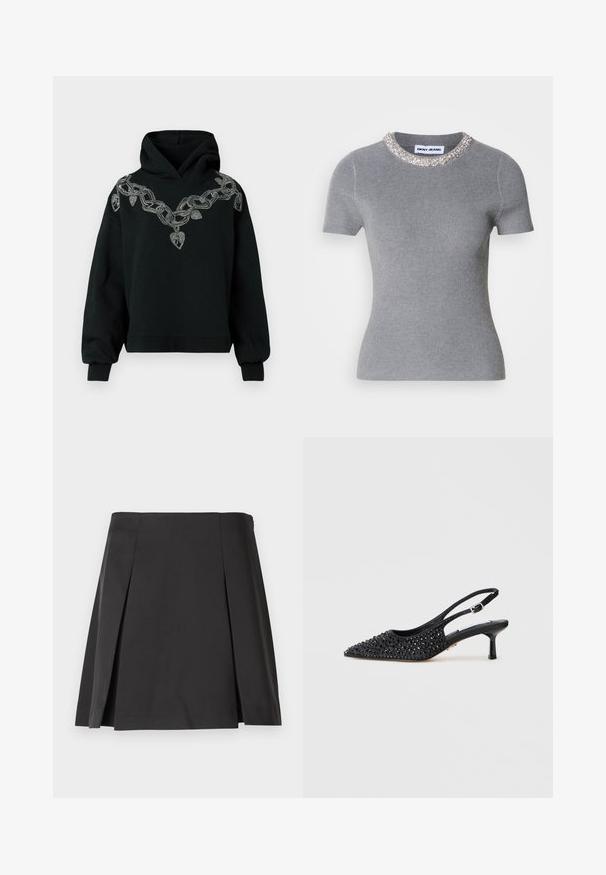 Sort hættejakke med et stort sølv kædedesign og hjerteaccentueret broderi på fronten. Fremstillet af blødt stof med en afslappet pasform.; Grå kortærmet ribstrikket t-shirt med rund halsudskæring pyntet med sølv og klare rhinsten, med tætsiddende pasform og glat tekstur.; Sorth plisseret nederdel med en glat tekstur, skræddersyet form og en lige talje. Designet uden lukninger for en ren silhuet.; Sort slingback kitten heel sko med spids tå, dækket af små sorte rhinsten på hvid baggrund.