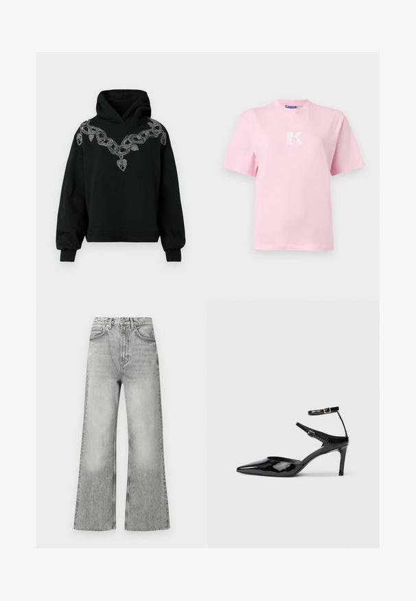 Sweat à capuche noir avec un grand design de chaîne argentée et des accents en forme de cœur brodés sur le devant. Fabriqué en tissu doux avec une coupe décontractée.; T-shirt rose clair à manches courtes avec un logo "K" stylisé blanc centré sur la poitrine, présenté sur un fond blanc uni.; Jean en denim gris évasé avec une taille haute, une finition délavée, cinq poches et des passants pour ceinture. Détails de coutures le long des coutures.; Talons en cuir verni noir avec un bout pointu, des sangles de cheville ajustables et un talon fin. Texture lisse avec une finition brillante.