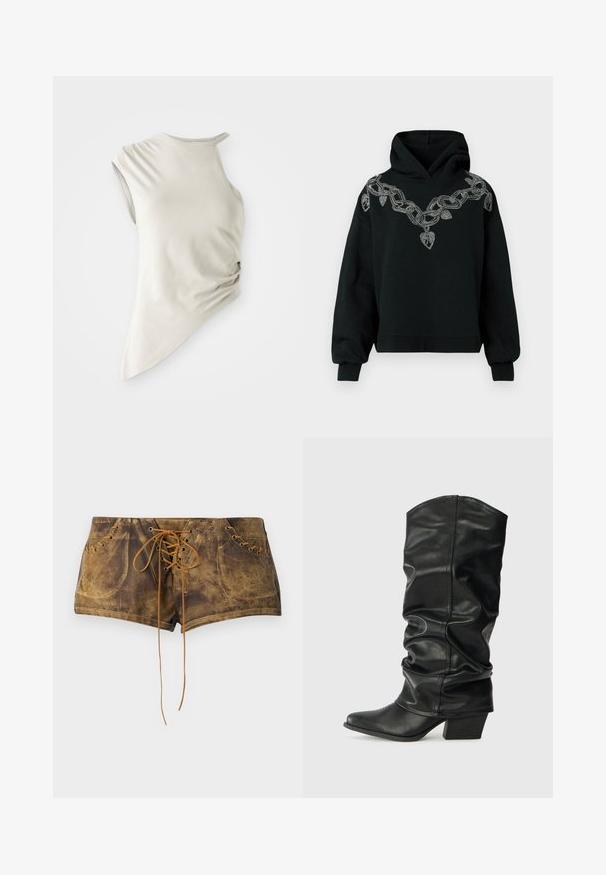 Schwarze Kapuzenjacke mit einem großen silbernen Kettenmuster und Herzakzenten, die auf der Vorderseite eingestickt sind. Hergestellt aus weichem Stoff mit lockerer Passform.; Asymmetrisches ärmelloses Oberteil aus leicht beigem Stoff, mit U-Ausschnitt und gerafftem Detail an der Seite für Textur.; Braune Schnürshorts mit strukturiertem Oberflächendesign und kontrastierenden sandfarbenen Schnürsenkeln. Verfügt über Ösen und ein tailliertes Design für eine enganliegende Passform.; Schwarze Lederstiefel bis zum Knie mit einem rüschigen Design, spitzem Zehenbereich und breitem Absatz, mit glatter Texture und minimaler Naht.