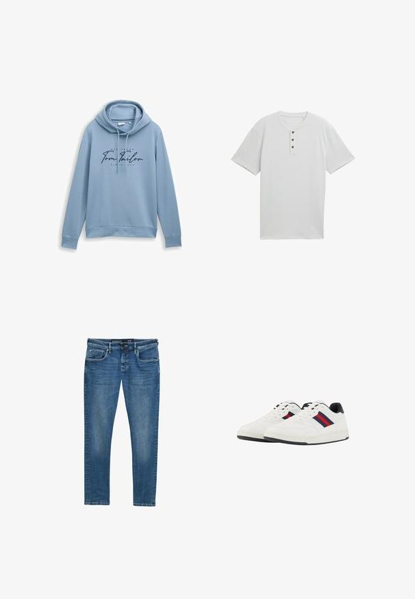 Hellblaues Sweatshirt aus weichem Material mit Kapuze und Kordelzug. Mit einem zentrierten Logo in dunkelblauem, geschwungenem Text. Lange Ärmel mit gerippten Bündchen.; Hellgraues Herren-Shirt mit kurzen Ärmeln aus strukturiertem Stoff, mit einem runderen Halsausschnitt und einer Knopfleiste mit drei Knöpfen sowie einem leicht lockeren Schnitt.; Blaue Denim-Jeans mit geradem Bein, Fünf-Taschen-Design, dezenten Abnutzungsspuren an den Oberschenkeln und einem Taillenlabel, das die Größe 31/32 angibt.; TOM TAILOR Sneaker low - white navy