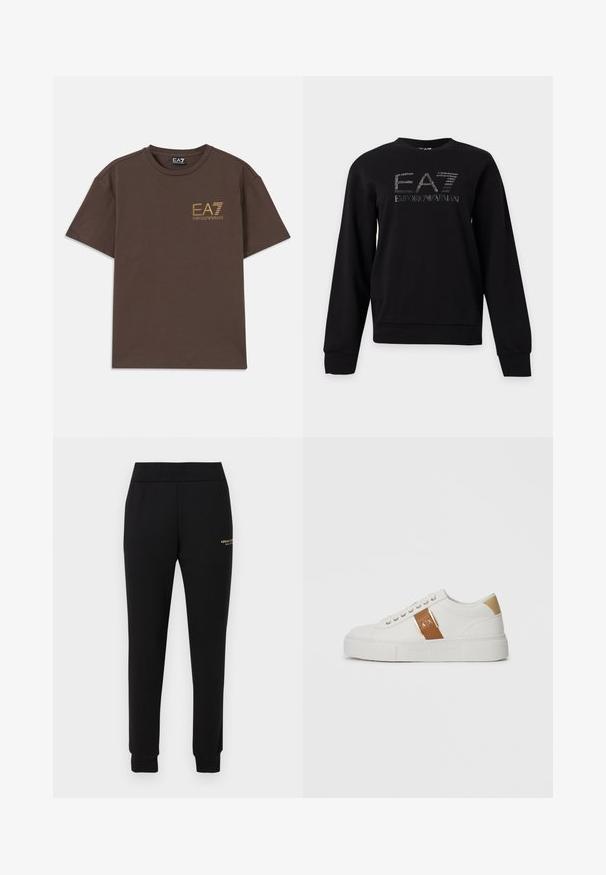 Zwarte trui met lange mouwen en wit EA7 Emporio Armani-logo gedrukt in het midden vooraan.; Bruine katoenen t-shirt met ronde hals en korte mouwen. Voorzien van het gouden logo "EA7 Emporio Armani" op de linkerborst. Eenvoudig ontwerp, gladde textuur.; Zwarte taps toelopende sweatpants met een elastische tailleband en boorden, voorzien van een klein gouden "Armani Exchange" logo op de rechterdij.; Witte lage sneaker met beige hielpatch, bruin leren bandje met gouden gesp en A|X branding, en gegoten Armani Exchange zool.