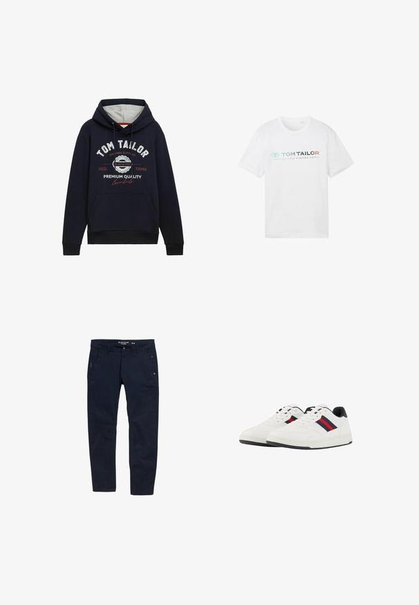 Mørkeblå hættetrøje i bomuldsblanding med grå hætteforing, frontlomme og hvid/ rød grafisk tekst på brystet. Ribkantede manchetter og kant.; Hvid bomulds t-shirt med rund hals, korte ærmer og fronttryk: "TOM TAILOR" med "ESSENTIALS SINCE NINETEEN SIXTY-2."; Mørkeblå bukser lavet af bomuld med lige snit. Har to sidelommer og knaplukning. Minimalistisk design med subtile detaljer.; TOM TAILOR Sneakers - white navy