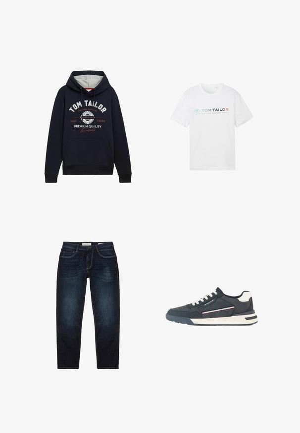 Mørkeblå hættetrøje i bomuldsblanding med grå hætteforing, frontlomme og hvid/ rød grafisk tekst på brystet. Ribkantede manchetter og kant.; Hvid bomulds t-shirt med rund hals, korte ærmer og fronttryk: "TOM TAILOR" med "ESSENTIALS SINCE NINETEEN SIXTY-2."; Mørkeblå denim jeans med standard pasform, der har lynlås, fem lommer og kontrasterende gule syninger. Glat overflade.; Herre navyblå og hvide sneakers med hvide snørebånd, perforeret tå, stripet sidedetalje og mærket accent på sidepanelet.