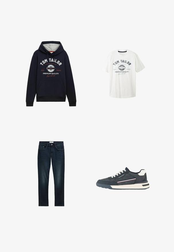 Marineblauwe hoodie in een katoenmix, met grijze capuchonvoering, een voorzak en witte/rode grafische tekst op de borst. Geribbelde manchetten en onderrand.; Witte katoenen T-shirt met een ronde halslijn, korte mouwen en een frontprint in zwart en blauw met de merknaam "Tom Tailor."; Donkerblauwe spijkerbroek met een slim fit, met vijf zakken, een knoopsluiting en subtiele vervaging aan de voorkant voor textuur.; Heren sneaker in marineblauw en wit met witte veters, geperforeerde neus, gestreept zijdetail en merkaccent op het zijpaneel.