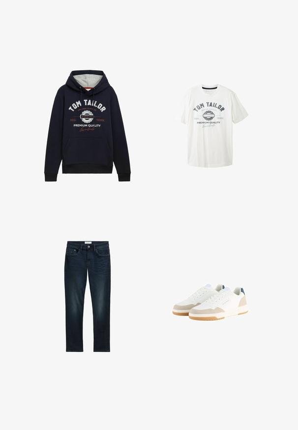 Marineblauwe hoodie in een katoenmix, met grijze capuchonvoering, een voorzak en witte/rode grafische tekst op de borst. Geribbelde manchetten en onderrand.; Witte katoenen T-shirt met een ronde halslijn, korte mouwen en een frontprint in zwart en blauw met de merknaam "Tom Tailor."; Donkerblauwe spijkerbroek met een slim fit, met vijf zakken, een knoopsluiting en subtiele vervaging aan de voorkant voor textuur.; Witte sneakers met een gestructureerde mesh bovenkant, beige suède accenten en een gevoerde zool. Bevat veter-sluiting en een blauw logo detail.