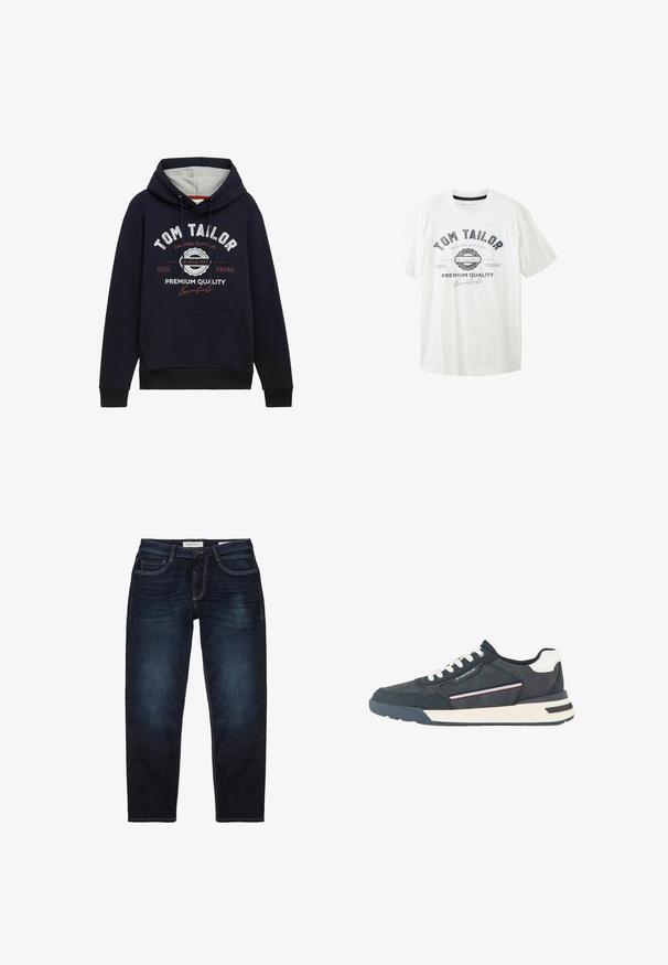 Sudadera azul marino en mezcla de algodón, con forro de capucha gris, bolsillo delantero y texto gráfico en blanco y rojo en el pecho. Puños y dobladillo de canalé.; Camiseta de algodón blanca con cuello redondo, mangas cortas y estampado gráfico en la parte frontal en negro y azul con el nombre de la marca "Tom Tailor."; Jeans de mezclilla azul oscuro con un ajuste estándar, que presentan una cremallera, cinco bolsillos y costuras amarillas en contraste. Textura suave en general.; Zapatilla deportiva para hombre en azul marino y blanco con cordones blancos, puntera perforada, detalle de rayas en el lateral y acento de marca en el panel lateral.