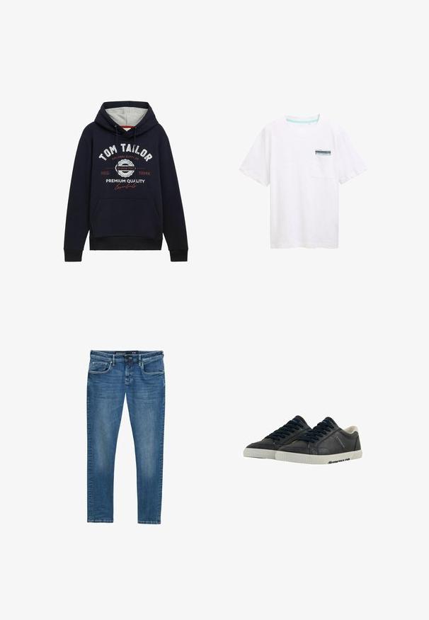 Mørkeblå hættetrøje i bomuldsblanding med grå hætteforing, frontlomme og hvid/ rød grafisk tekst på brystet. Ribkantede manchetter og kant.; Hvid bomulds t-shirt med korte ærmer, med en lomme med en blå og hvid label. Glat tekstur og afslappet pasform.; Blå denim jeans med lige ben, fem-lomme design, subtil vask på lårene, og en waistband label der angiver størrelse 31/32.; Marine læder sneakers med hvide gummisåler, rund tå og sorte snørebånd. Subtile teksturer og branding på siderne. Casual design.