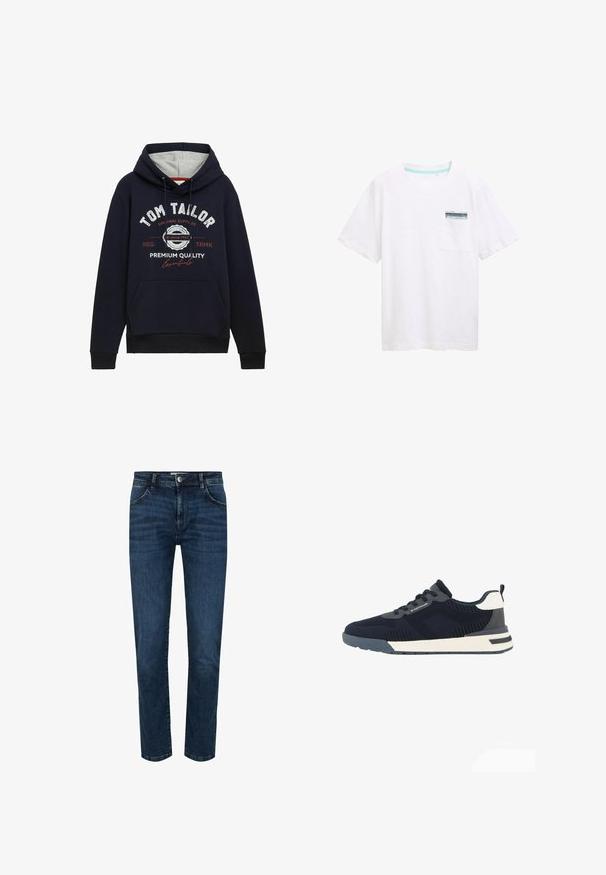 Dunkelblaue Hoodie aus einem Baumwollgemisch mit grauem Kapuzenfutter, Taschen auf der Vorderseite und weiß/rotem Grafikslogan auf der Brust. Rippstrickbündchen und Saum.; Weißes Baumwoll-T-Shirt mit kurzen Ärmeln, ausgestattet mit einer Tasche mit einem blau-weißen Etikett. Glatte Textur und lockere Passform.; Dunkelblaue Denim-Jeans mit geradem Schnitt, Fünf-Pocket-Design und Druckknopfverschluss. Verstärkte Nähte an den Nähten und ein leichter Verblassungseffekt.; Dunkelblauer und grauer Mesh-Sneaker mit weißen Akzenten, Schnürverschluss, seitlichem Markenlogo und einer gepolsterten weißen und grauen Sohle.