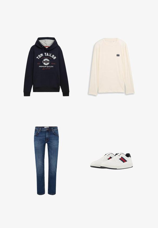 Sudadera azul marino en mezcla de algodón, con forro de capucha gris, bolsillo delantero y texto gráfico en blanco y rojo en el pecho. Puños y dobladillo de canalé.; Camiseta de manga larga en tela color blanco roto con textura suave. Presenta una pequeña etiqueta rectangular azul oscuro en el pecho.; Vaqueros de mezclilla en azul oscuro con un diseño de pierna recta, estilo de cinco bolsillos y costura en contraste. Cintura estándar con cierre de botón.; TOM TAILOR Zapatillas - white navy