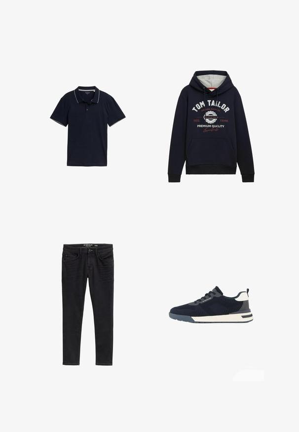 Marineblauwe hoodie in een katoenmix, met grijze capuchonvoering, een voorzak en witte/rode grafische tekst op de borst. Geribbelde manchetten en onderrand.; Donkerblauwe polo shirt van katoen, met een klassieke kraag, een drie-knopen placket en contrasterende lichtgrijze afwerking op de kraag en mouwen.; Slim-fit zwarte denim jeans met een zachte textuur, voorzakken en een ritssluiting. Versleten details nabij de dijen verbeteren het ontwerp.; Donkerblauwe en grijze mesh sneaker met witte accenten, vetersluiting, merknaam aan de zijkant en een gewatteerde witte en grijze zool.