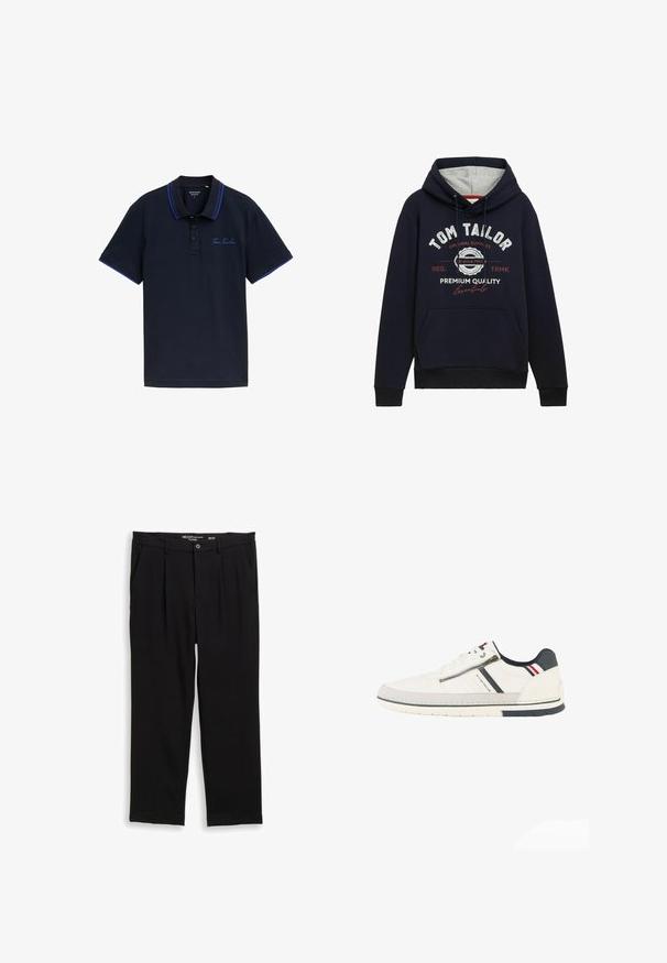 Dunkelblaue Hoodie aus einem Baumwollgemisch mit grauem Kapuzenfutter, Taschen auf der Vorderseite und weiß/rotem Grafikslogan auf der Brust. Rippstrickbündchen und Saum.; Marineblaues Poloshirt mit einer Zwei-Knopf-Leiste, kontrastierenden blauen Kragen- und Ärmeldetails sowie gesticktem "Tom Tailor"-Logo auf der Brust.; Schwarze Hosen aus weichem Stoff, mit lockerer Passform, zwei Fronttaschen und einem Knopfverschluss mit einem schmalen Bund.; Weißer Sneaker in Low-Top-Ausführung mit seitlichem Reißverschluss, marineblauen und roten Akzenten, schwarzem Fersenpatch und "Tom Tailor"-Markenlogo an der Seite.