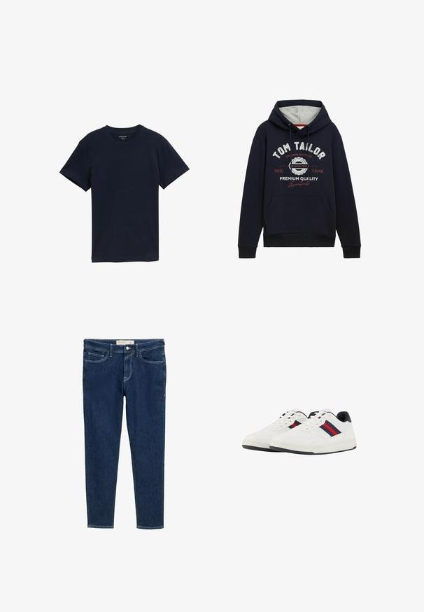 Dunkelblaue Hoodie aus einem Baumwollgemisch mit grauem Kapuzenfutter, Taschen auf der Vorderseite und weiß/rotem Grafikslogan auf der Brust. Rippstrickbündchen und Saum.; Marineblaue Baumwoll-T-Shirt, kurze Ärmel, Rundhalsausschnitt, glatte Textur, einfaches Design, keine Muster oder Akzente, gerade Saumlinie.; Dunkelblaue Jeans mit schmaler Passform, Fünf-Taschen-Design und kontrastierenden weißen Nähten. Knopfverschluss an der Taille und minimale Details.; TOM TAILOR Sneaker low - white navy