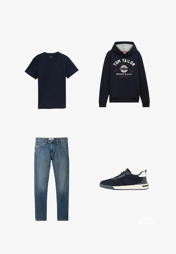 Mørkeblå hættetrøje i bomuldsblanding med grå hætteforing, frontlomme og hvid/ rød grafisk tekst på brystet. Ribkantede manchetter og kant.; Marineblå bomulds-T-shirt, kortærmet, rund hals, glat tekstur, enkelt design, uden mønstre eller accenter, lige kant.; Blå denim jeans med en klassisk lige pasform, fem-lomme design, diskret falming og kontraststikning. Glat tekstur og slidstærkt stof.; Mørkeblå og grå mesh-sneaker med hvide detaljer, snørelukning, mærket på siden og en polstret hvid og grå sål.