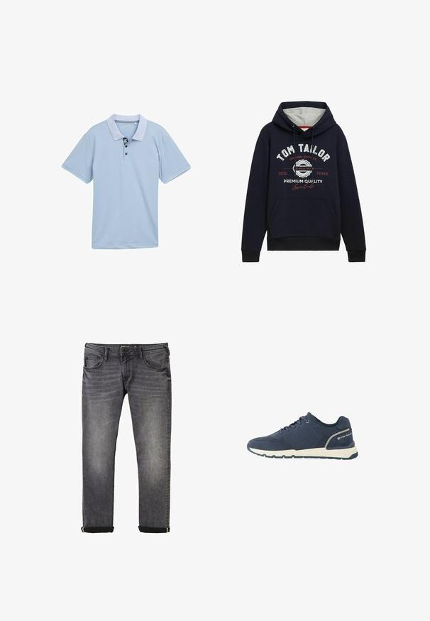 Sudadera azul marino en mezcla de algodón, con forro de capucha gris, bolsillo delantero y texto gráfico en blanco y rojo en el pecho. Puños y dobladillo de canalé.; Polo de color azul claro con cuello bicolor, tapeta de tres botones y mangas cortas. Fabricado con un tejido suave y transpirable.; Jeans de mezclilla gris con un diseño de pierna recta, que cuentan con un clásico estilo de cinco bolsillos, puños enrollados y un sutil desgastado en la tela.; Zapatilla deportiva azul marino con parte superior de malla, suela blanca, suela exterior negra y logo "Tom Tailor" en el contrafuerte del talón.