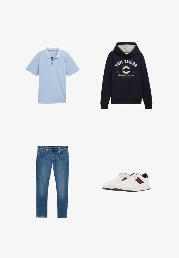 Sudadera azul marino en mezcla de algodón, con forro de capucha gris, bolsillo delantero y texto gráfico en blanco y rojo en el pecho. Puños y dobladillo de canalé.; Polo de color azul claro con cuello bicolor, tapeta de tres botones y mangas cortas. Fabricado con un tejido suave y transpirable.; Jeans de denim azul con corte recto, diseño de cinco bolsillos, desgaste sutil en los muslos y una etiqueta en la cintura que indica la talla 31/32.; TOM TAILOR Zapatillas - white navy