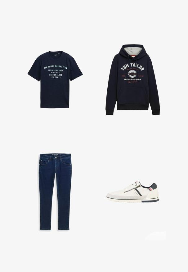 Dunkelblaue Hoodie aus einem Baumwollgemisch mit grauem Kapuzenfutter, Taschen auf der Vorderseite und weiß/rotem Grafikslogan auf der Brust. Rippstrickbündchen und Saum.; Marineblaue Kurzarm-Baumwoll-T-Shirt mit runder Ausschnitt, versehen mit bedrucktem weißen Text und Zahlen auf der Vorderseite in einem lässigen Design.; Dunkelblaue Denim-Jeans im Slim-Fit. Verfügt über fünf Taschen, genähte Details und einen Knopfverschluss am Bund.; Weißer Sneaker in Low-Top-Ausführung mit seitlichem Reißverschluss, marineblauen und roten Akzenten, schwarzem Fersenpatch und "Tom Tailor"-Markenlogo an der Seite.