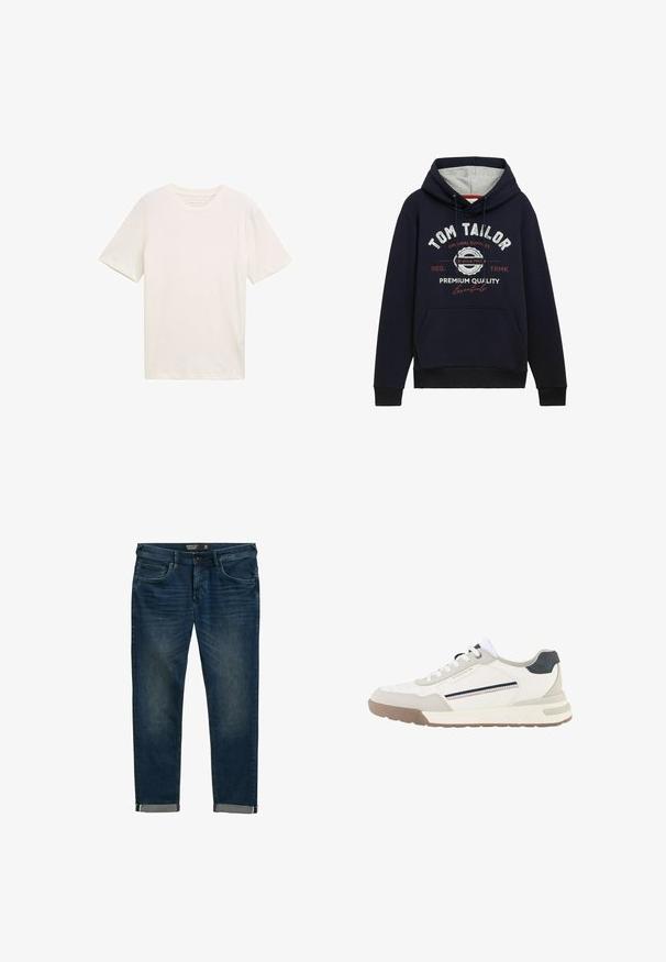 Mørkeblå hættetrøje i bomuldsblanding med grå hætteforing, frontlomme og hvid/ rød grafisk tekst på brystet. Ribkantede manchetter og kant.; Kortærmet T-shirt med rund hals i off-white bomuld. Har en afslappet pasform med glat tekstur og ingen bemærkelsesværdige mønstre eller accenter.; Mørkeblå denim jeans med regular fit, udstyret med fem lommer, en klassisk lynlåsfront og opsmøg med en kontrasterende indvendig foring.; Hvid og beige sneaker med hvide snørebånd, brun sål, sort hæl lap og sidestribe detaljer i marineblåt og rødt.