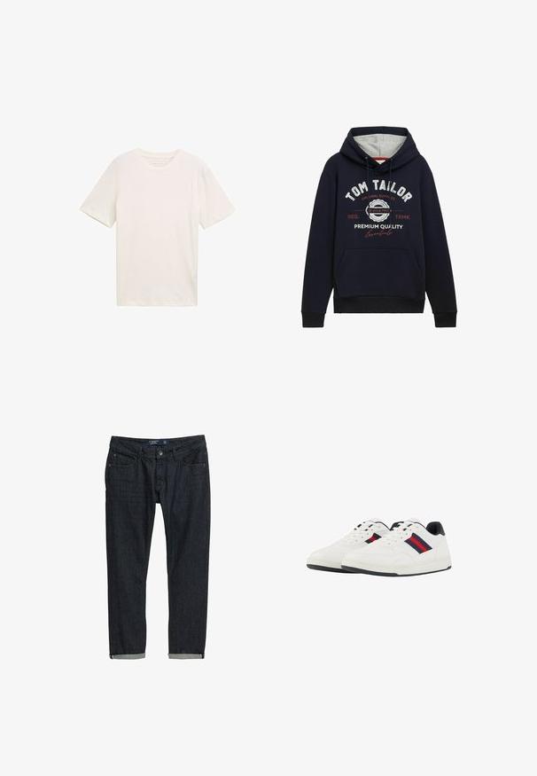 Mørkeblå hættetrøje i bomuldsblanding med grå hætteforing, frontlomme og hvid/ rød grafisk tekst på brystet. Ribkantede manchetter og kant.; Kortærmet T-shirt med rund hals i off-white bomuld. Har en afslappet pasform med glat tekstur og ingen bemærkelsesværdige mønstre eller accenter.; Mørk denimjeans med slim fit, featuring optrullede manchetter, klassisk fem-lomme-design og knaplukning, sat mod en hvid baggrund.; TOM TAILOR Sneakers - white navy