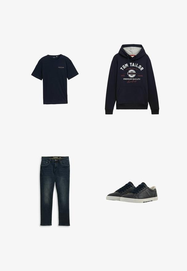 Mørkeblå hættetrøje i bomuldsblanding med grå hætteforing, frontlomme og hvid/ rød grafisk tekst på brystet. Ribkantede manchetter og kant.; Marineblå bomulds T-shirt med rund halsudskæring og korte ærmer. Har et lille rødt tekstlogo ved brystet. Regular fit, glat tekstur.; Mørkeblå slim-fit jeans med forlommer, bæltestropper og knaplukning, størrelse 31/32 fra Tom Tailor.; Marine læder sneakers med hvide gummisåler, rund tå og sorte snørebånd. Subtile teksturer og branding på siderne. Casual design.