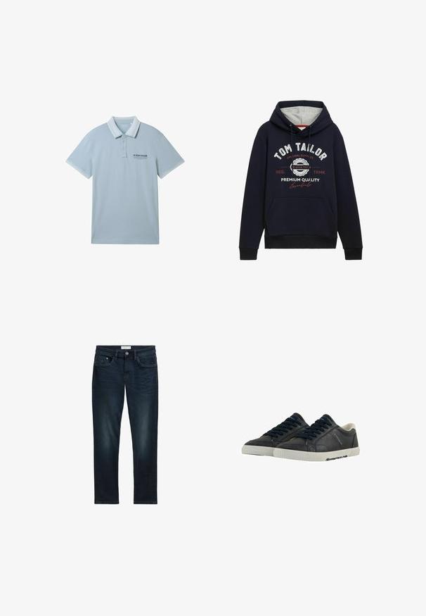 Dunkelblaue Hoodie aus einem Baumwollgemisch mit grauem Kapuzenfutter, Taschen auf der Vorderseite und weiß/rotem Grafikslogan auf der Brust. Rippstrickbündchen und Saum.; Hellblaues Poloshirt aus weichem Material, mit einem Kragen, zwei Knöpfen und kontrastierendem weißen Besatz an den Ärmeln und dem Kragen.; Dunkelblaue Denim-Jeans mit slim Fit, ausgestattet mit fünf Taschen, einem Knopfverschluss und subtilen Ausbleichungen auf der Vorderseite für eine strukturierte Optik.; Marineblaue Leder-Sneaker mit weißen Gummisohlen, runder Spitze und schwarzen Schnürsenkeln. Subtile Texturen und Branding an den Seiten. Lässiges Design.