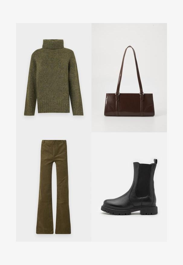Vero Moda Knitted VMINGRID Knitted - Trui - grape leaf; Olijfgroene flared corduroy broek met een knoopsluiting en ritssluiting. Voorzien van zijzakken en een zachte, gestructureerde oppervlakte.; Zwarte leren enkellaarsjes met elastische zijkanten, een ronde neus en een robuuste zool met uitgesproken profielgroeven.; Bruine lakleren handtas met een rechthoekige vorm, twee lange handvatten en subtiele gebogen accenten aan de voorkant.