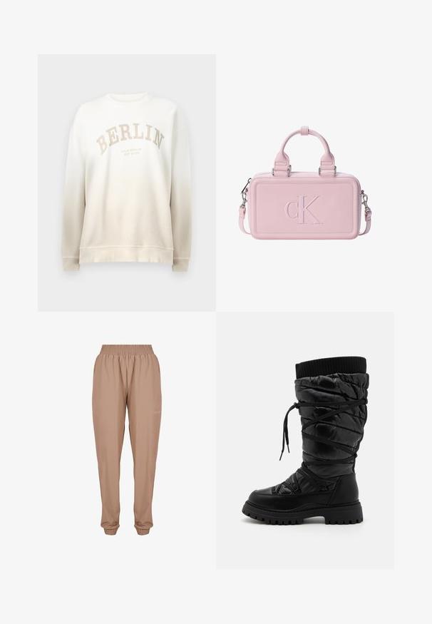 Creme sweatshirt med gradientfade. Har "BERLIN" trykt i lys beige i en bue og ribbede manchetter og hals. Blød tekstur.; Beige joggebukser med elastisk talje, ankellemmer og et blødt, let stof med en diskret logo detalje på siden.; Sorte knæhøje støvler med en kviltet tekstur, der har snørebåndsdesign, kontrasterende ribbet topkant og en tyk, robust sål.; Rektangulær lyserød håndtaske med korte håndtag og en aftagelig rem, præget med stort "cK" logo på forpanelet.