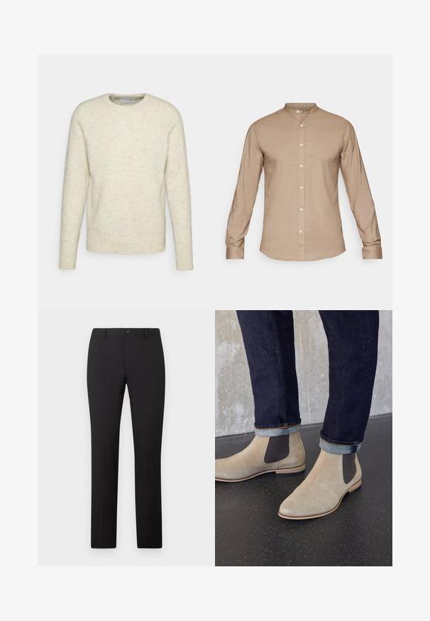 Selected SLHRAI LS CREW NECK W - Trui - oatmeal; Beige overhemd met kraag en lange mouwen, knoopsluiting aan de voorkant en een gladde textuur. Heeft een subtiele glans, standaard manchet en geen patronen.; Zwarte, op maat gemaakte broek met een rechte pijp, voorzien van een knoopsluiting en riemlussen. Gemaakt van gladde stof zonder zichtbare patronen.; Lichtbeige suède Chelsea-laarzen met donkere elastische zijpanelen, gedragen met donker opgerolde spijkerbroeken op een zwarte gevlekte vloer.