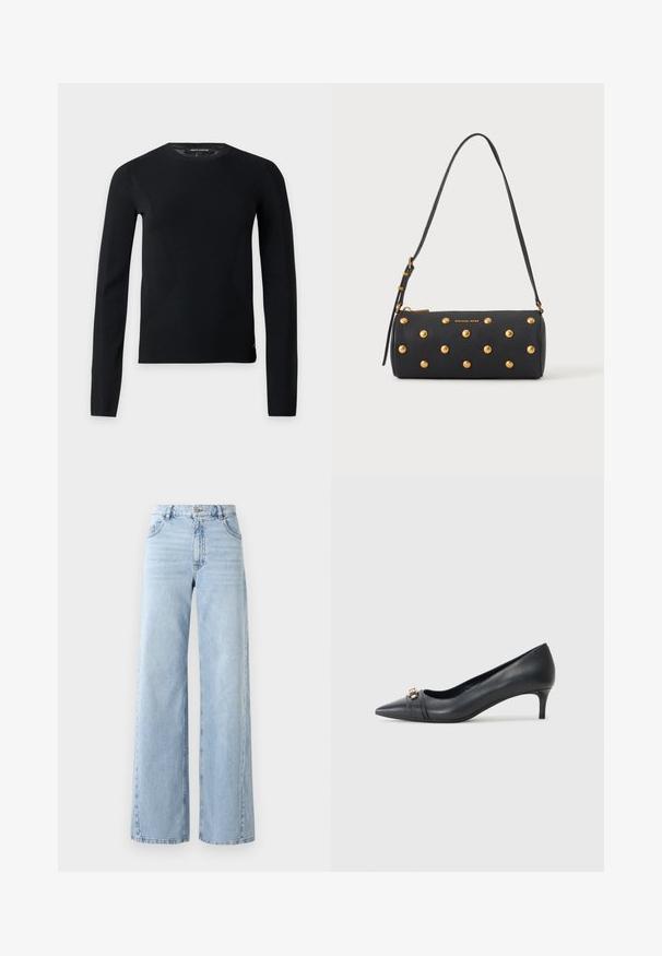 Pull noir à manches longues avec col rond, coupe slim et détails subtils de couture, présenté sur un fond clair uni.; Jean en denim léger bleu clair à jambes larges avec taille haute, cinq poches et texture décolorée. Présente des détails cousus et une coupe droite à l'ourlet.; Escarpin noir en cuir à bout pointu avec un petit talon, doté d'une sangle texturée et d'un accent métallique à l'avant. Surface lisse et design épuré.; Sac à main cylindrique noir avec des clous dorés et une bandoulière réglable, avec le logo "Michael Kors" en doré sur le devant.