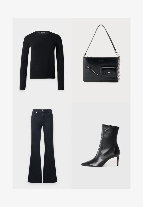 Pull noir à manches longues avec col rond, coupe slim et détails subtils de couture, présenté sur un fond clair uni.; Jean en denim noir évasé avec une taille haute, cinq poches et une fermeture à bouton métallique. Texture lisse et détails de couture contrastés.; Bottes noires à la cheville en cuir lisse, dotées d'un bout pointu, d'un tige ajustée et d'un talon haut fin. Design minimaliste sans quincaillerie visible.; Sac à bandoulière en cuir noir Michael Kors avec fermeture éclair supérieure, poche avant zippée en diagonale, poche à rabat avec bouton-pression et détail en chaîne argentée.
