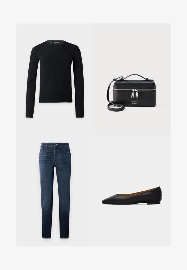 Sort langærmet crewneck sweater med slim pasform og subtile syningsdetaljer, vist på en ensfarvet lys baggrund.; Mørkeblå denim jeans med lige pasform. Har en knap- og lynlås-lukning, fem lommer og kontrastsyet. Glat tekstur.; Sort læder flad sko med spids tå, lav hæl og glat finish, vist fra siden på en lysegrå baggrund.; Sort rektangulær læder skuldertaske med dobbeltsidet sølvlynlås og justerbar rem, der har Emporio Armani-logo og teksten Milano 1981.