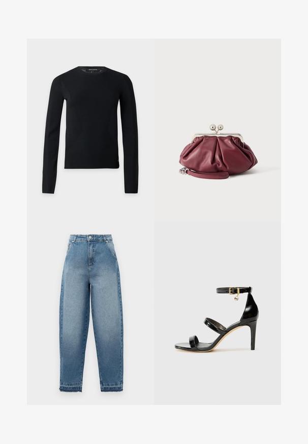 Pull noir à manches longues avec col rond, coupe slim et détails subtils de couture, présenté sur un fond clair uni.; Jean en denim bleu clair avec taille haute, coupe ample, conception à cinq poches et ourlets effilochés. Comprend des coutures classiques et une fermeture éclair.; Sandale en cuir verni noir avec trois brides, boucle de cheville et talon aiguille de 10 cm. Présente un détail en métal doré et un charm logo.; Petite pochette en cuir bordeaux avec fermoir en métal argenté et bracelet pour poignet sur fond blanc.