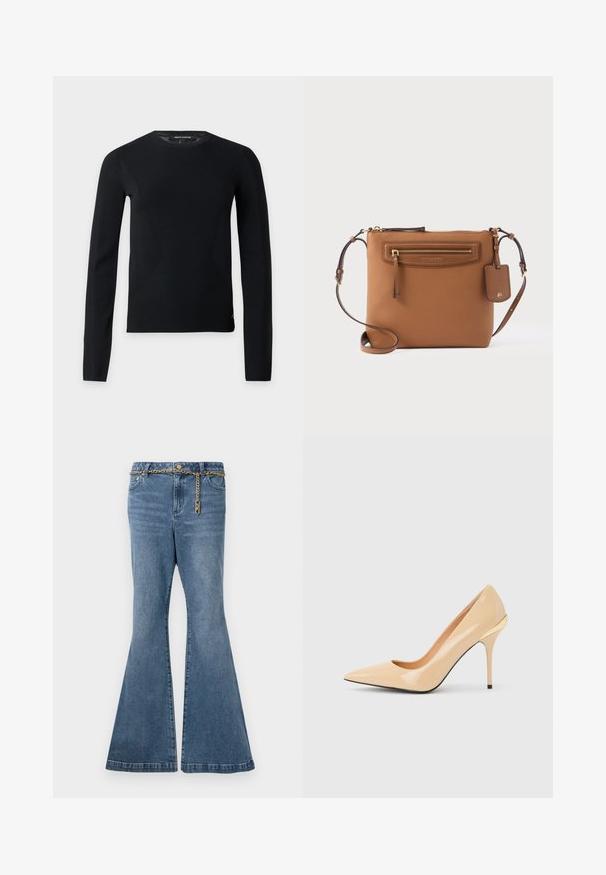 Pull noir à manches longues avec col rond, coupe slim et détails subtils de couture, présenté sur un fond clair uni.; Jean flare en denim délavé moyen, avec un détail en chaîne dorée à la taille et une conception standard à cinq poches.; Escarpin à talon haut en cuir verni beige avec bout pointu et talon aiguille fin, orné d'un petit accent doré à l'arrière.; Sacoche en cuir marron avec poche avant zippée, bandoulière réglable et étiquette logo suspendue sur fond blanc.