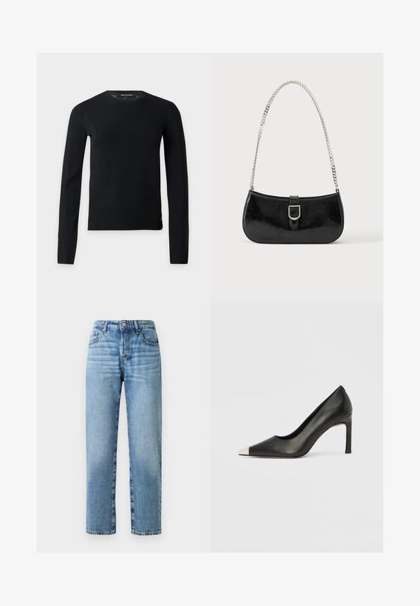 Zwarte trui met lange mouwen en ronde hals, een slanke pasvorm en subtiele stikseldetails, afgebeeld op een effen lichte achtergrond.; Lichtblauwe denim jeans met een rechte pijp, zichtbare stiksels, een knopen sluiting en vijf-pocket styling.; Zwarte leren hoge hak met een spits toelopende neus en een metalen zilverkleurige kap. Heeft een gladde afwerking en een slanke hak van 10 cm.; Zwarte lakleren schoudertas met een zilveren gespdetail en een zilveren kettingriem, getoond tegen een effen lichte achtergrond.