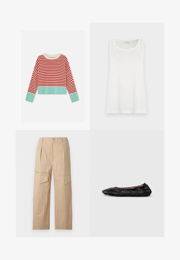 Jersey de punto de manga larga con rayas horizontales rojas y blancas, puños y bajo en azul claro, cuello redondo, corte cropped.; Camiseta sin mangas blanca con escote redondo. Hecha de tela ligera y suave, con un ajuste relajado y bordes limpios. Etiqueta visible en el cuello.; Pantalones cargo de pierna ancha en color beige con cierre frontal de botones, trabillas para cinturón y bolsillos con solapa en los muslos.; Bailarina de cuero negro con detalles fruncidos en el cuello, punta redondeada y suela de goma flexible. Textura suave en toda su superficie.