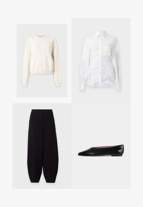 Pull en tricot couleur crème avec manches longues et un détail cœur en relief sur la partie gauche de la poitrine.; Chemise blanche à manches longues avec un texture froncée sur le devant, petits boutons dorés et col standard.; Pantalon noir à jambes larges et courtes, taille haute, sans poches visibles ni ornements.; Chaussure plate en cuir noir pour femme, avec bout pointu et petit talon, vue de côté sur un fond gris clair uni.