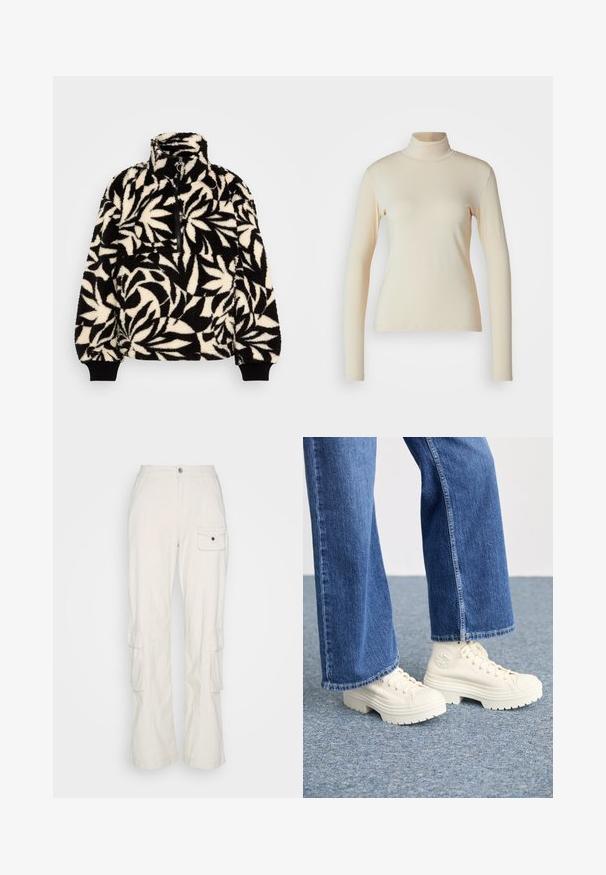 Sudadera de forro polar negra y crema con un cuello alto, media cremallera y un patrón de hojas. Los puños tienen bandas elásticas negras para un ajuste ceñido.; Top de manga larga de color crema con cuello alto, hecho de una tela suave y elástica; diseño ajustado con cuello alto y sin patrones o acentos visibles.; Cotton On HAYDEN PANT - Pantalones cargo - dove grey; Zapatillas deportivas blancas de caña alta con suelas gruesas y estriadas, y detalle de logo circular, combinadas con jeans de mezclilla de pierna ancha en azul claro.