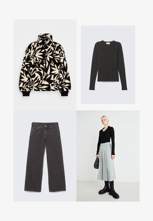 Sort og creme fleece-pullover med høj krave, halvlukning og et bladmønster. Ærmemanchetterne har sorte elastiske bånd for en tætsiddende pasform.; Sort langærmet t-shirt med rund hals og slank pasform, lagt fladt på en lys grå baggrund.; Vidbenede sorte denimjeans med kobbernitter, fem lommer og knaplukning. Blød, robust tekstur med lige snit fra talje til kant.; Sort langærmet top, lys grå plisseret nederdel med dobbelte spænde detaljer, og sorte chunky-såle støvler; sølv- håndtaske med dekorationer.