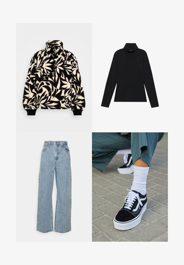 Zwart en crèmekleurig fleece pullover met hoge kraag, halve rits en een bladraster. De manchetten hebben zwarte elastische banden voor een goede pasvorm.; Zwarte langetermijn turtleneck. Zachte stof, getailleerd design, hoge kraag en zijnaad. Eenvoudige en veelzijdige stijl die geschikt is voor het laagjes dragen.; Lichtblauwe wijde denim jeans met hoge taille, sluiting met voorknop en rits, en vijfzakkenontwerp op een effen achtergrond.; Zwarte suède sneaker met witte accenten en veters, uitgerust met een dikke witte zool en contrasterende stiksels, gecombineerd met een witte sok.
