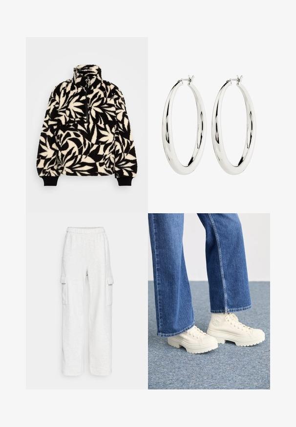 Sudadera de forro polar negra y crema con un cuello alto, media cremallera y un patrón de hojas. Los puños tienen bandas elásticas negras para un ajuste ceñido.; Hollister Co. CARGO WIDE LEG - Pantalones deportivos - grey; Zapatillas deportivas blancas de caña alta con suelas gruesas y estriadas, y detalle de logo circular, combinadas con jeans de mezclilla de pierna ancha en azul claro.; Pendientes de aro de plata con una superficie lisa y reflectante. Forma redonda y grande con un cierre seguro en la parte superior. El acabado pulido resalta el brillo.