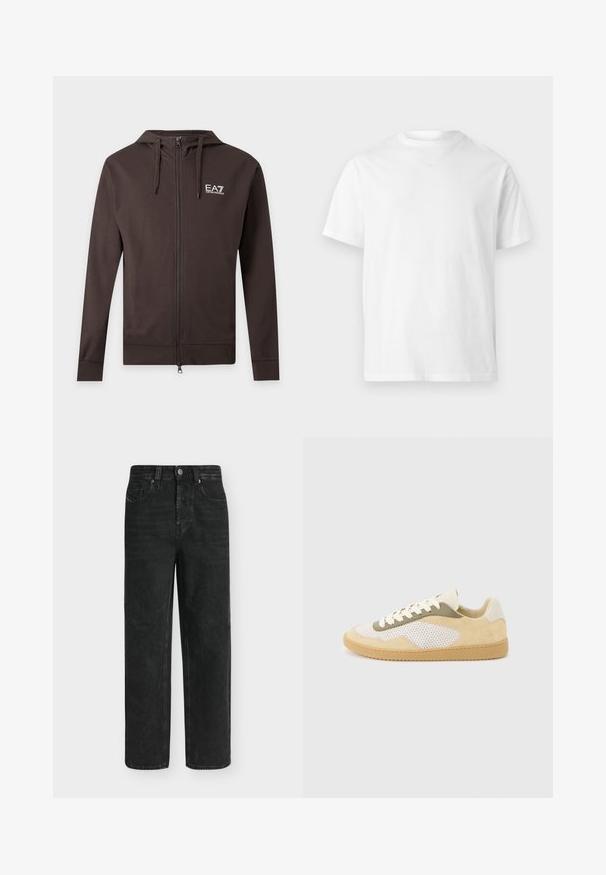Sweat à capuche zippé marron foncé avec cordons et logo blanc EA7 Emporio Armani sur la poitrine gauche, présenté sur un fond clair uni.; T-shirt blanc uni à manches courtes avec un col rond, au design simple et épuré, sans logos ni motifs visibles.; Jean noir coupe droite avec taille haute, bouton et fermeture éclair à l'avant, poches latérales et arrière, présenté sur un fond clair uni.; Baskets basses en daim beige, panneaux en maille blanche, accents olive, lacets blancs et semelle en caoutchouc naturel sur fond gris clair.