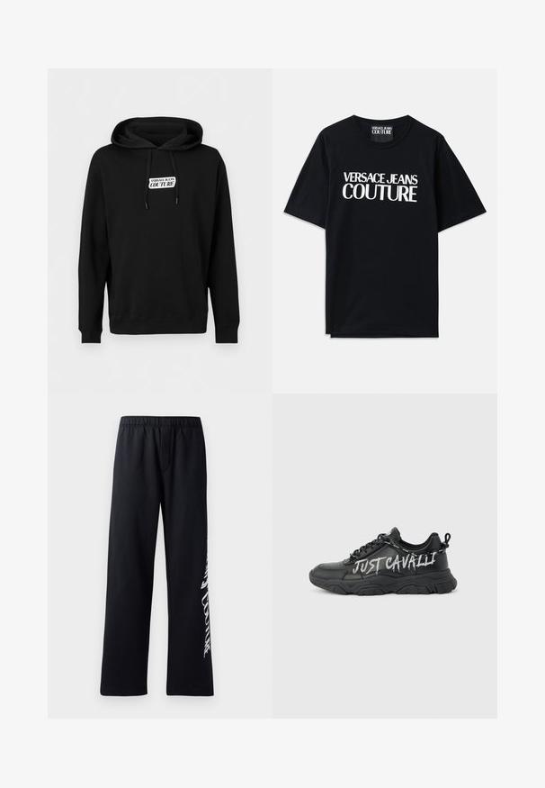 Schwarzer Kapuzenpullover mit vorderen Kordeln und weißem rechteckigem Logoaufnäher mit der Aufschrift "Versace Jeans Couture."; Schwarzes Baumwoll-T-Shirt mit kurzen Ärmeln, das auf der Vorderseite den großen weißen Text "VERSACE JEANS COUTURE" trägt. Klassisches Rundhalsdesign.; Schwarze Baumwoll-Sweatpants mit elastischem Bund, weitem Bein und einem weißen Grafikdruck am linken Bein. Angenehme Textur und lässiges Design.; Schwarzer klobiger Sneaker mit dicker Sohle und Schnürsenkeln, auf der Seite mit dem Schriftzug "JUST CAVALLI" im weißen Graffiti-Stil.
